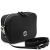 Angled And Shoulder Strap View Of The Black Small Leather Crossbody Bag