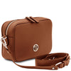 Angled And Shoulder Strap View Of The Cognac Small Leather Crossbody Bag