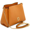 Angled And Chain Shoulder Strap View Of The Apricot Small Leather Handbag