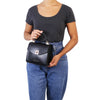 Woman Posing With The Black Small Leather Shoulder Bag