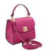 Angled View Of The Fuchsia Small Leather Shoulder Bag