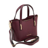 Angled and Shoulder Strap View Of The Bordeaux Small Leather Tote