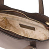 Internal Zip Pocket View Of The Dark Taupe Small Leather Tote