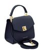 Angled View Of The Dark Blue Small Leather Shoulder Bag
