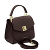 Angled And Shoulder Strap View Of The Dark Brown Small Leather Shoulder Bag