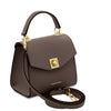 Angled View Of The Dark Taupe Small Leather Shoulder Bag
