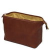 Open Compartment View Of The Brown Small Leather Toiletry Bag