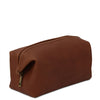 Angled View Of The Brown Small Leather Toiletry Bag