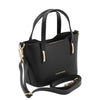 Angled And Shoulder Strap View Of The Black Small Leather Tote