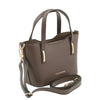 Angled And Shoulder Strap View Of The Dark Taupe Small Leather Tote