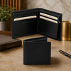 Small Mens Leather Wallet showcasing premium Italian leather, credit card slots, and ID window on a stylish tabletop.