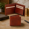 Small Mens Leather Wallet showcased in premium Italian leather with credit card slots and currency slide.