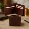 Small Mens Leather Wallet displayed open with multiple credit card pockets and currency slides on a marble surface.