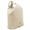 Angled View Of The Beige Soft Leather Backpack