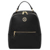 Women’s Soft Leather Backpack with gold-tone hardware and multiple pockets, perfect for daily use.