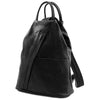 Luxury Leather Backpack in soft black full grain leather with adjustable straps and front pocket.