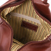 Interior view of the Luxury Leather Backpack showcasing cotton lining and zip pocket.