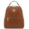 Soft Leather Backpack in cognac with gold-tone hardware and zipper, perfect for everyday use.