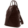 Luxury Leather Backpack in dark brown soft full grain leather with structured design and adjustable straps.