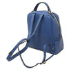 Women’s Soft Leather Backpack in blue with adjustable straps and zip closure.