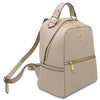 Women’s Soft Leather Backpack in beige with gold-tone hardware and adjustable straps.