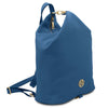 Angled View Of The Denim Soft Leather Backpack The Makes Up The Soft Leather Backpack and Wallet Set