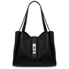 Soft Leather Handbag in black with pebbled leather and gold accents, showcasing refined elegance.