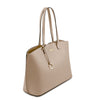 Angled View Of The Light Taupe Soft Leather Shopper Bag
