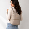 Women’s Soft Leather Backpack worn by a woman, showcasing its premium pebbled leather design.