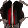 Soft Leather Handbag in Chocolate  interior showing compartments and zipper detail for organized storage.