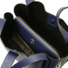 Soft Leather Handbag in Dark Blue interior showing compartments and zipper detail for organized storage.