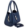 Angled And Shoulder Strap View Of The Dark Blue Soft Leather Handbag 