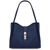 Soft Leather Handbag in dark blue with pebbled leather and gold accents, showcasing refined elegance.