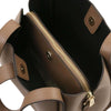 Soft Leather Handbag in Dark Taupe interior showing compartments and zipper detail for organized storage.