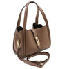 Angled And Shoulder Strap View Of The Dark Taupe Soft Leather Handbag 