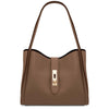 Soft Leather Handbag in dark taupe with pebbled leather and gold accents, showcasing refined elegance.