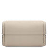 Soave Soft Leather Handbag in vibrant beige pebbled leather showcasing its luxurious texture and semi-rigid frame.