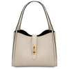 Soave Soft Leather Handbag in beige with a gold clasp and adjustable strap, showcasing elegant pebbled leather.