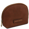Angled View Of The Brown Soft Leather Toiletry Case Associated With The Brown Leather Shoulder bag and Soft Leather Toiletry Case