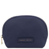 Front View Of The Dark Blue Soft Leather Toiletry Case