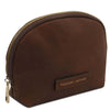 Angled View Of The Dark Brown Soft Leather Toiletry Case Associated With The Dark Brown Leather Shoulder bag and Soft Leather Toiletry Case