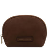 Front View Of The Dark Brown Soft Leather Toiletry Case Associated With The Dark Brown Leather Shoulder bag and Soft Leather Toiletry Case