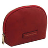 Angled View Of The Red Soft Leather Toiletry Case Associated With The Red Leather Shoulder bag and Soft Leather Toiletry Case