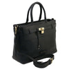 Angled And Shoulder Strap View Of The Black Structured Leather Tote Bag
