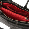 Internal Pocket And Zipped Compartment View Of The Black Structured Leather Tote Bag