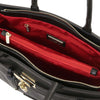 Internal Zip Pocket And Zipped Compartment View Of The Black Structured Leather Tote Bag