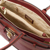 Internal Zip Pocket And Zipped Compartment View Of The Bordeaux Structured Leather Tote Bag
