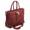 Angled And Shoulder Strap View Of The Bordeaux Structured Leather Tote Bag