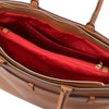 Internal Pocket And Zipped Compartment View Of The Cognac Structured Leather Tote Bag