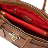 Internal Zip Pocket And Zipped Compartment View Of The Cognac Structured Leather Tote Bag
